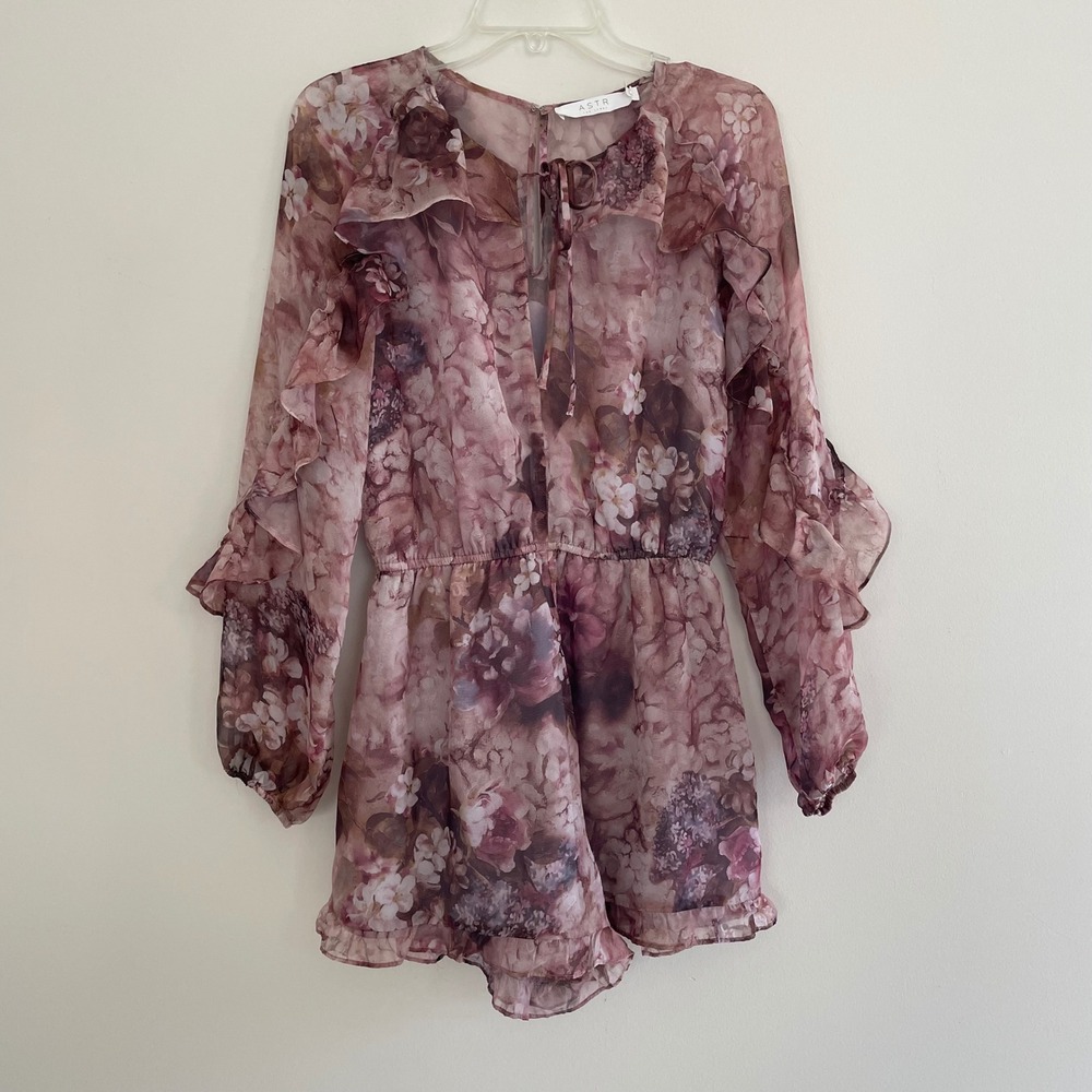 Floral Print Romper Chiffon‎ Ruffle Tie Neck Long Sleeve Women's Size M - Picture 6 of 13